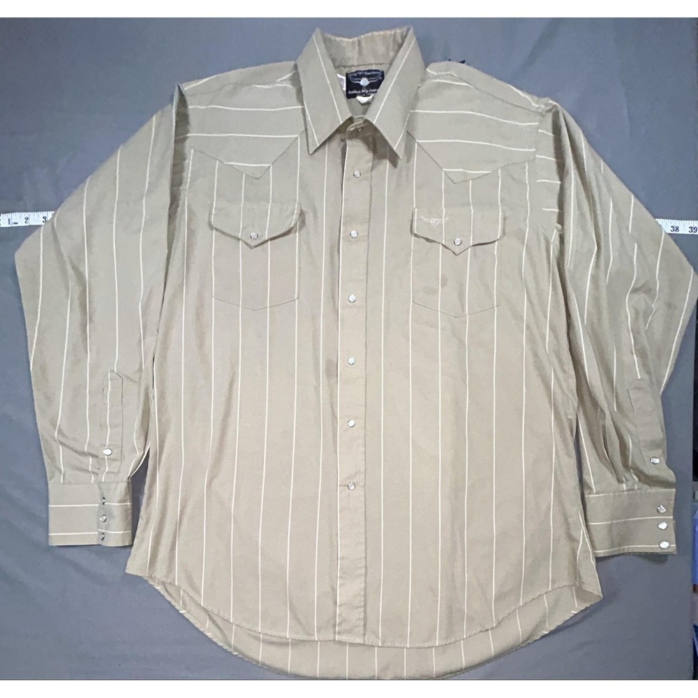 Flying R Ranchwear Shirt Mens XL Beige Stripe Long Sleeve Snap Western